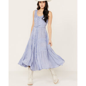 Scully Lace Up Jacquard Midi Dress Size XS Women's Blue Embroidered Tie Western